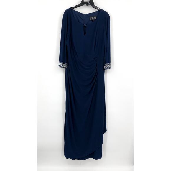 ALEX EVENINGS Round Embellished Cuff Gown Size 18 Navy Blue Keyhole Neck Ruched - Picture 4 of 13
